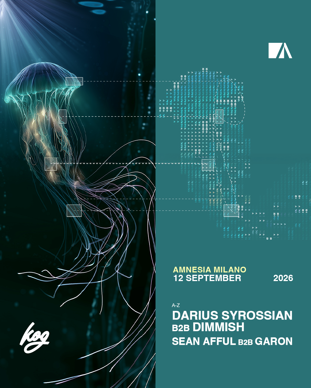 Una medusa luminosa con effetti digitali promuove un evento musicale di Kink Live Milano che si terrà all’Amnesia Milano il 12 settembre 2026. Amnesia Milano