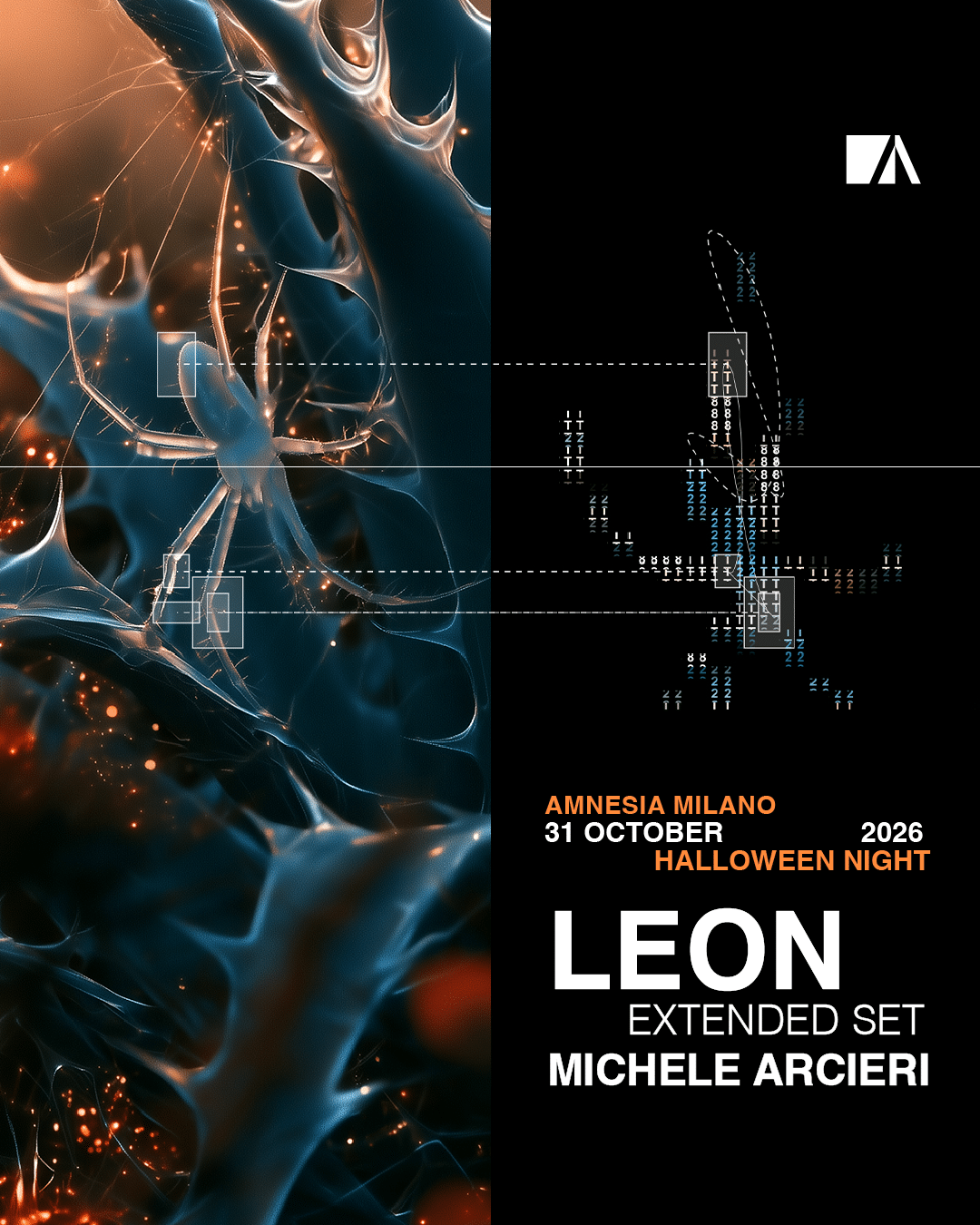 Sfondo artistico astratto con testo dell'evento: LEON Extended Set, Michele Arcieri, Amnesia Milano, 31 ottobre 2026. Preparatevi a una serata all'insegna della musica elettrizzante: LEON porterà il suo sound iconico a Milano per una speciale festa di Halloween all'Amnesia. Amnesia Milano